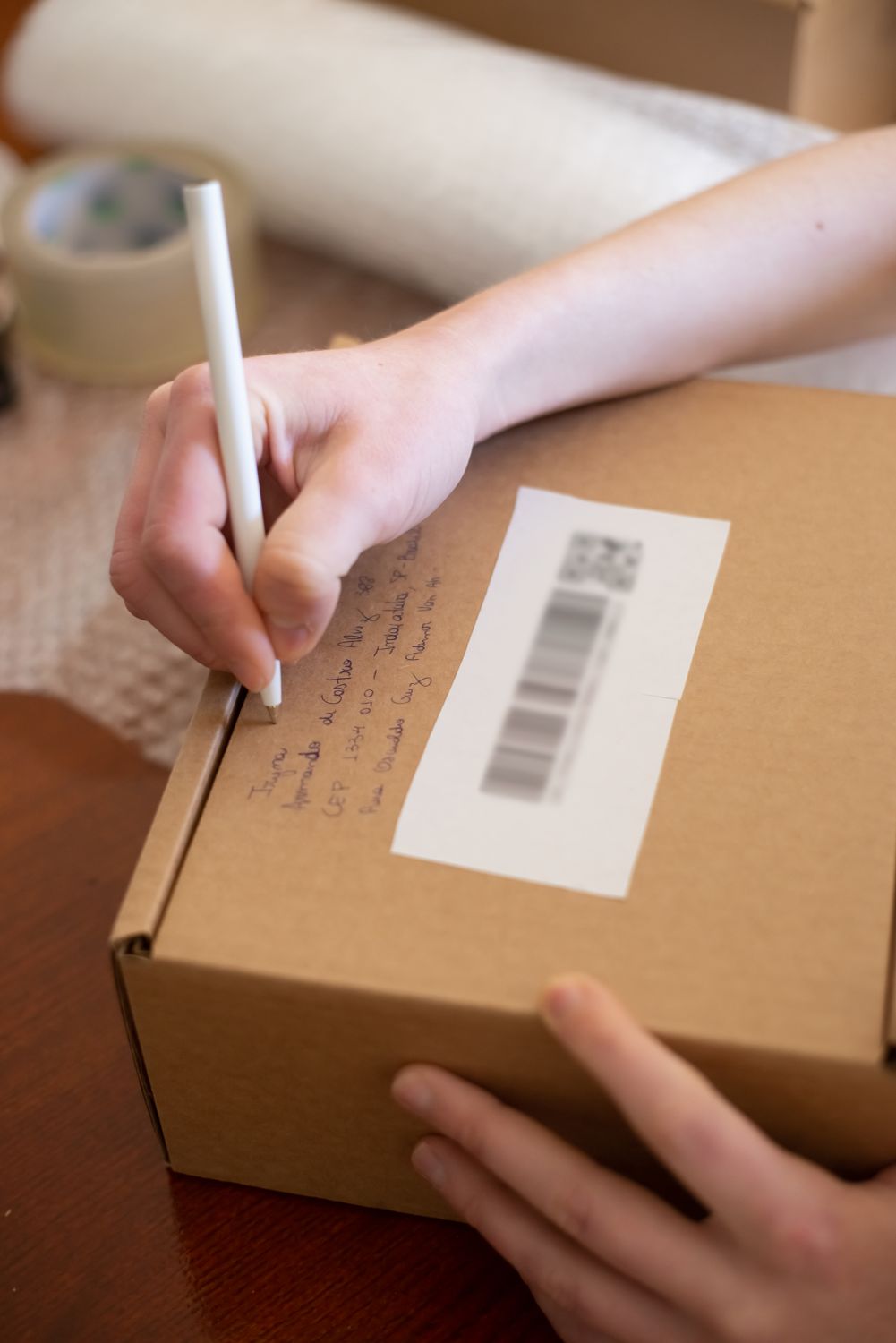 A hand writing on a cardboard box beside a printed barcode shipping label